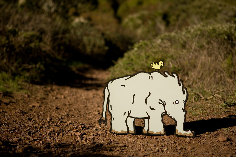 cardboard elephant with a cardboard bird on it's back